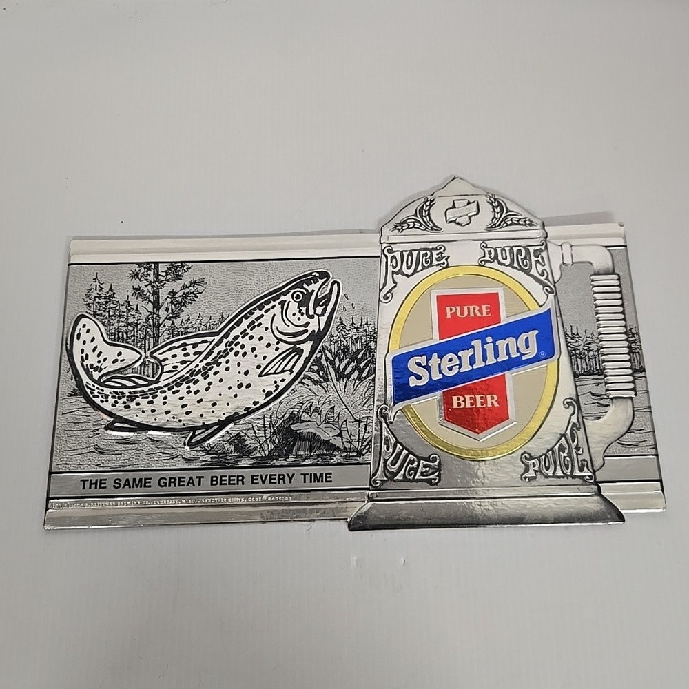 1974 STERLING Pure Beer Bass Fish Embosograph Metallic Sign Heileman‎ Brewing